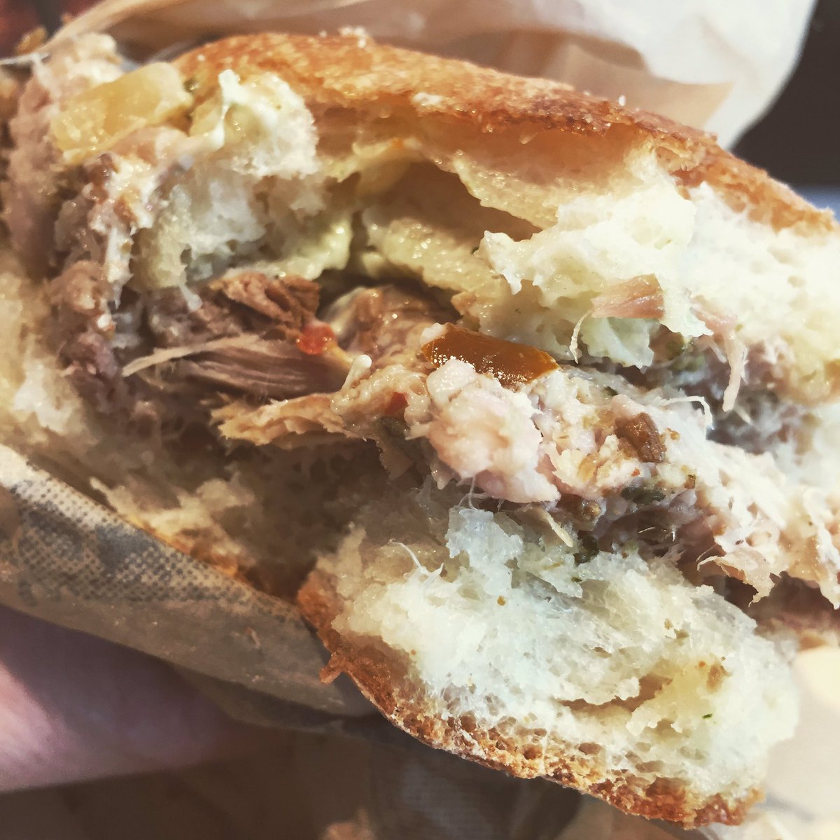 Having a great porchetta sandwich on guy street. Thank you <a href="/Jon_Agnello/">Jonathan Agnello</a> good job. #sandwich