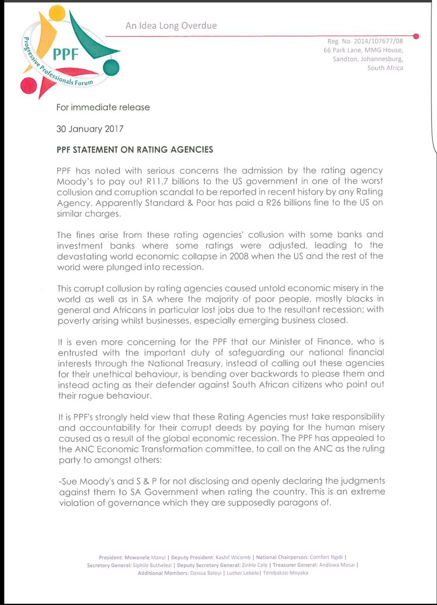 PPF_SA's tweet photo. PPF Statement on Rating Agencies @IOL @News24 @SAgovnews @BDliveSA @The_New_Age @eNCA @MYANC @MzwaneleManyi @City_Press https://t.co/qNfOksL9bx