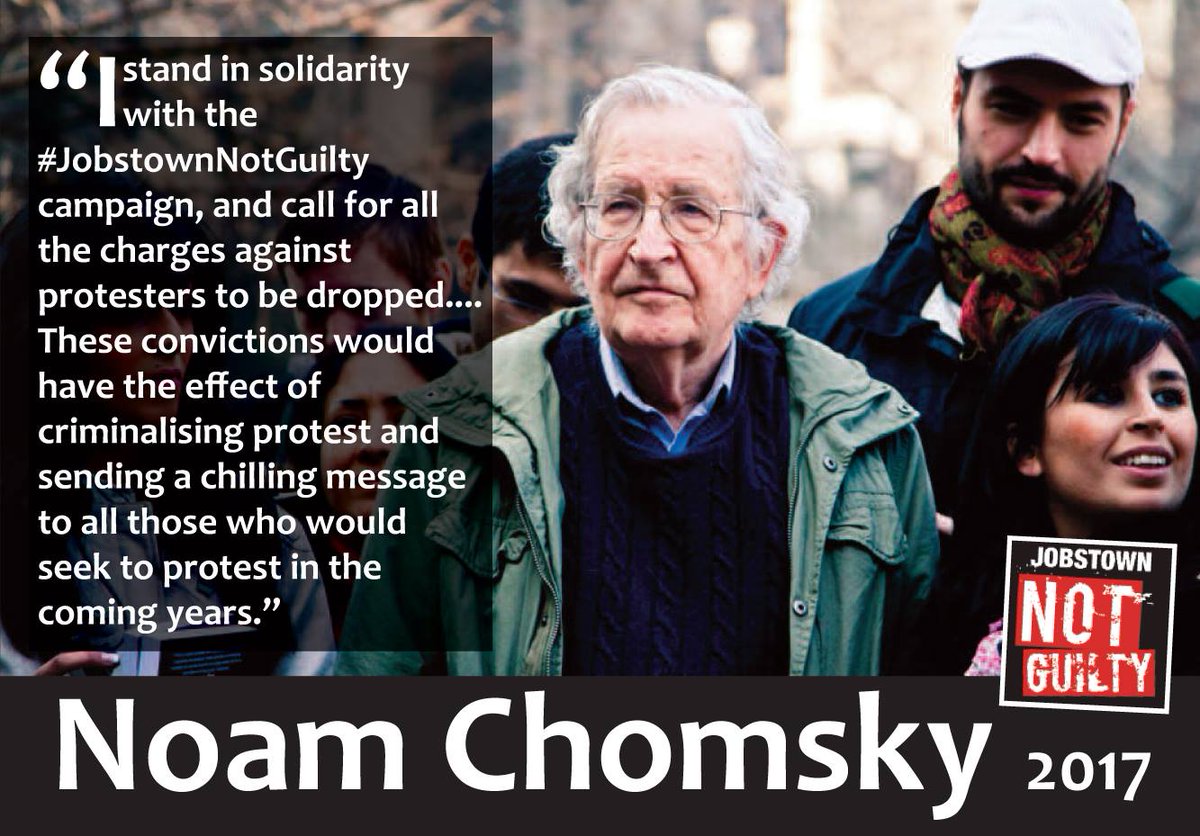 JoeHigginsSP's tweet photo. Noam Chomsky sent his solidarity to #JobstownNotGuilty today. He sees it as attack on right to protest. Drop all charges. @Jobienotguilty https://t.co/bcB5GmczhU