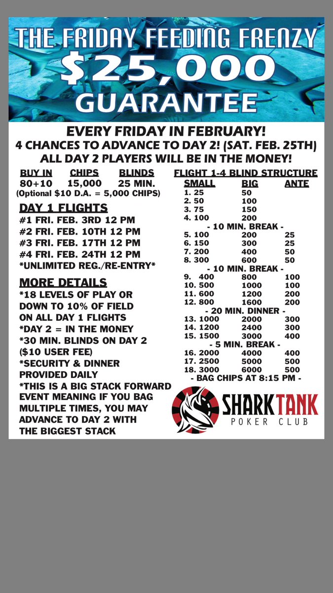 SharkTankPoker's tweet image. Giving away a total of 4 seats to The February Feeding Frenzy! Ohio's smallest buy in EVER for a $25,000 Guarantee! Rt 4 your chance to win!
