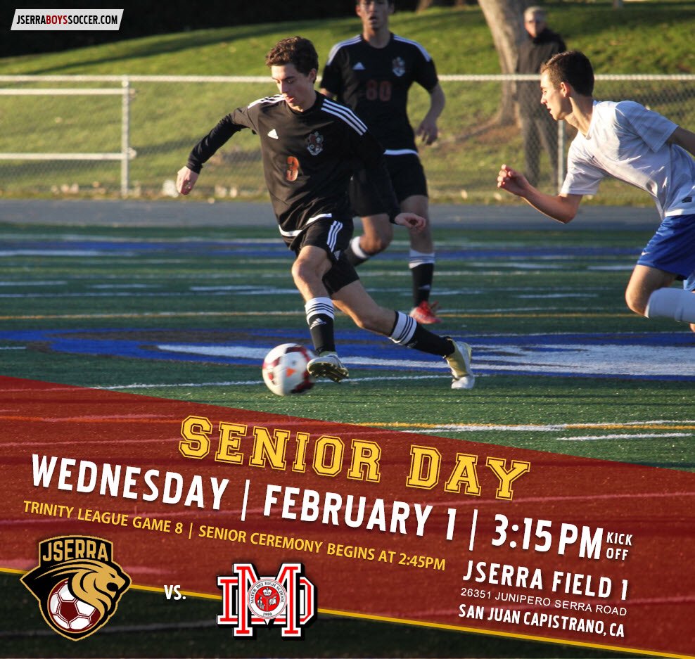 Senior Day &amp; Last Home Game this Wed. vs. Mater Dei. - Senior Ceremony @ 2:45pm, Varsity kick-off at 3:15pm &amp; JV at 5pm ⚽️ <a href="/JSerraAthletics/">JSerraAthletics</a>