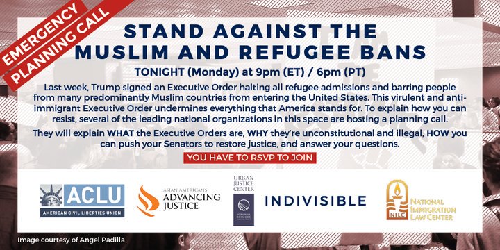 NILC's tweet image. Emergency Call to Stop the #MuslimBan! Tonight at 9pm ET/ 6pm ET. Register here: actionnetwork.org/forms/planning… #immigration #RefugeesWelcome
