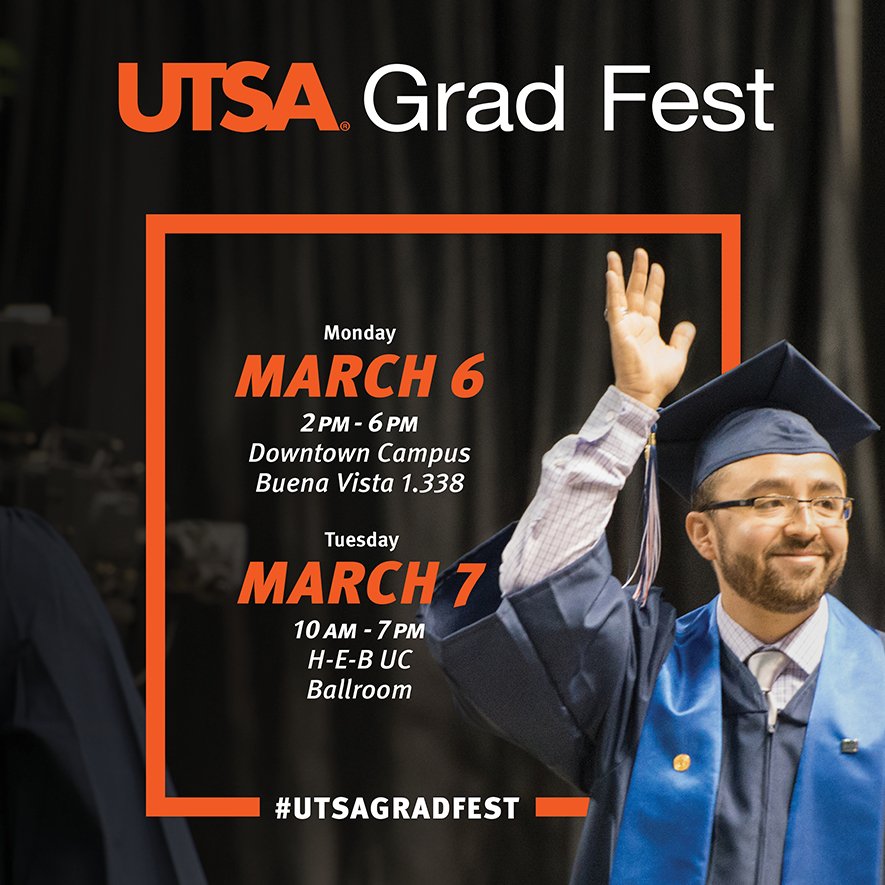 UTSA's tweet photo. Graduating this spring? Save the date for #UTSAGradFest on March 6th and 7th! 🎓 #UTSA #UTSAGrad17 https://t.co/DSivRc1TpT