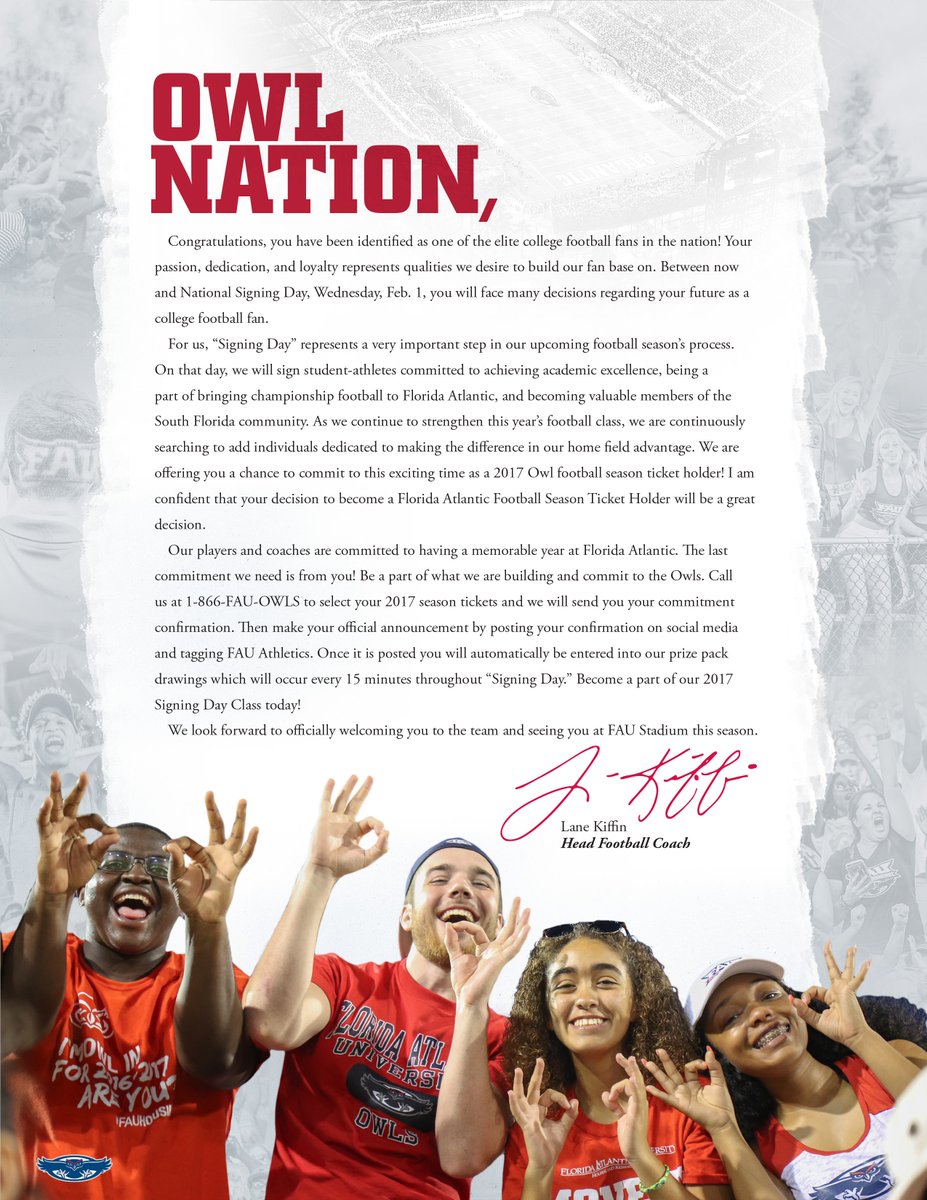 Lane_Kiffin's tweet photo. We are bringing in the best recruits, now we need the best fans! Be a part of our 2017 Signing Day Class! 👌 #FootballinPardise https://t.co/KN6rE7lCya