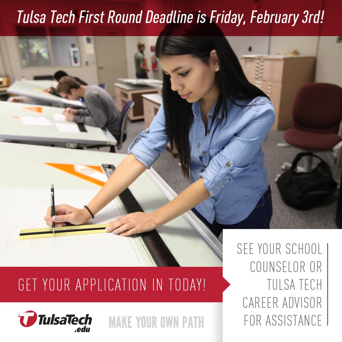 OHSRAMcounselor's tweet photo. Tulsa Tech first round deadline is Friday, February 3rd! https://t.co/h3vTLQSpiX