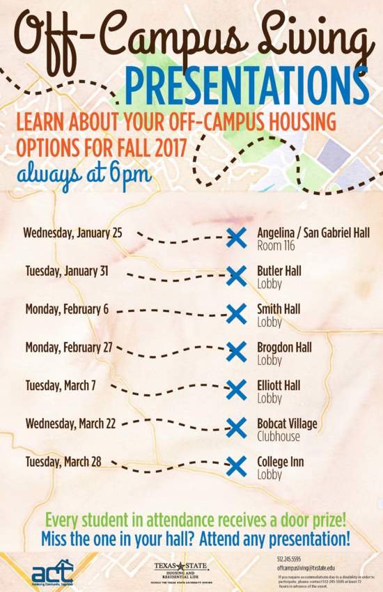 Interested in living off campus next semester? Attend one of @TXST_OffCampus's presentations to learn about your options!