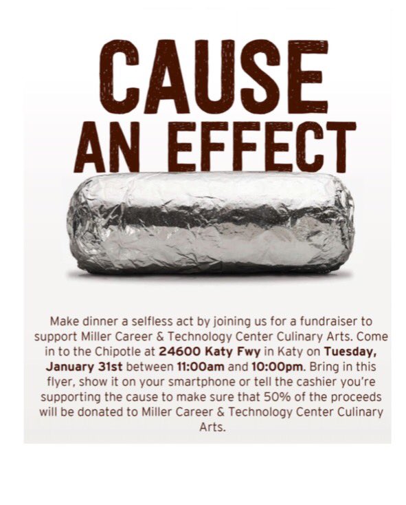 ChelseaGumm's tweet photo. #chipotle fundraiser Jan 31. In Katy. #support #itsfortheculinarychildren https://t.co/bT6rB3YSN2