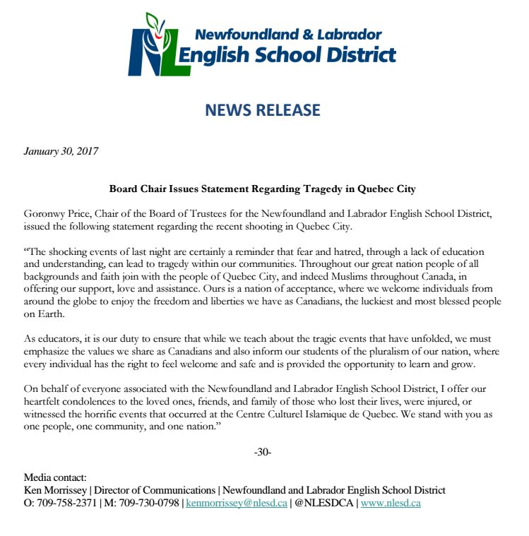 NLSchoolsCA's tweet photo. .@NLESDCA Board Chair Goronwy Price issues statement following the recent tragic incident in #Quebec https://t.co/L2M6h6XYO8