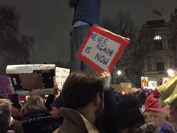 PoppiesForPeace's tweet photo. From today's #StandUpToTrump protest in London. #NeverAgain https://t.co/TCMZfXZVox