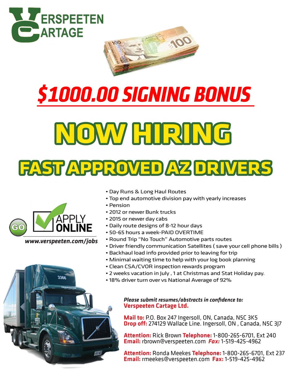 1000$ Signing Bonus Hiring Company AZ Approved Drivers!! #verspeeten #vcl #localjobs #ingersoll #jobs ow.ly/LDyV308vhAQ