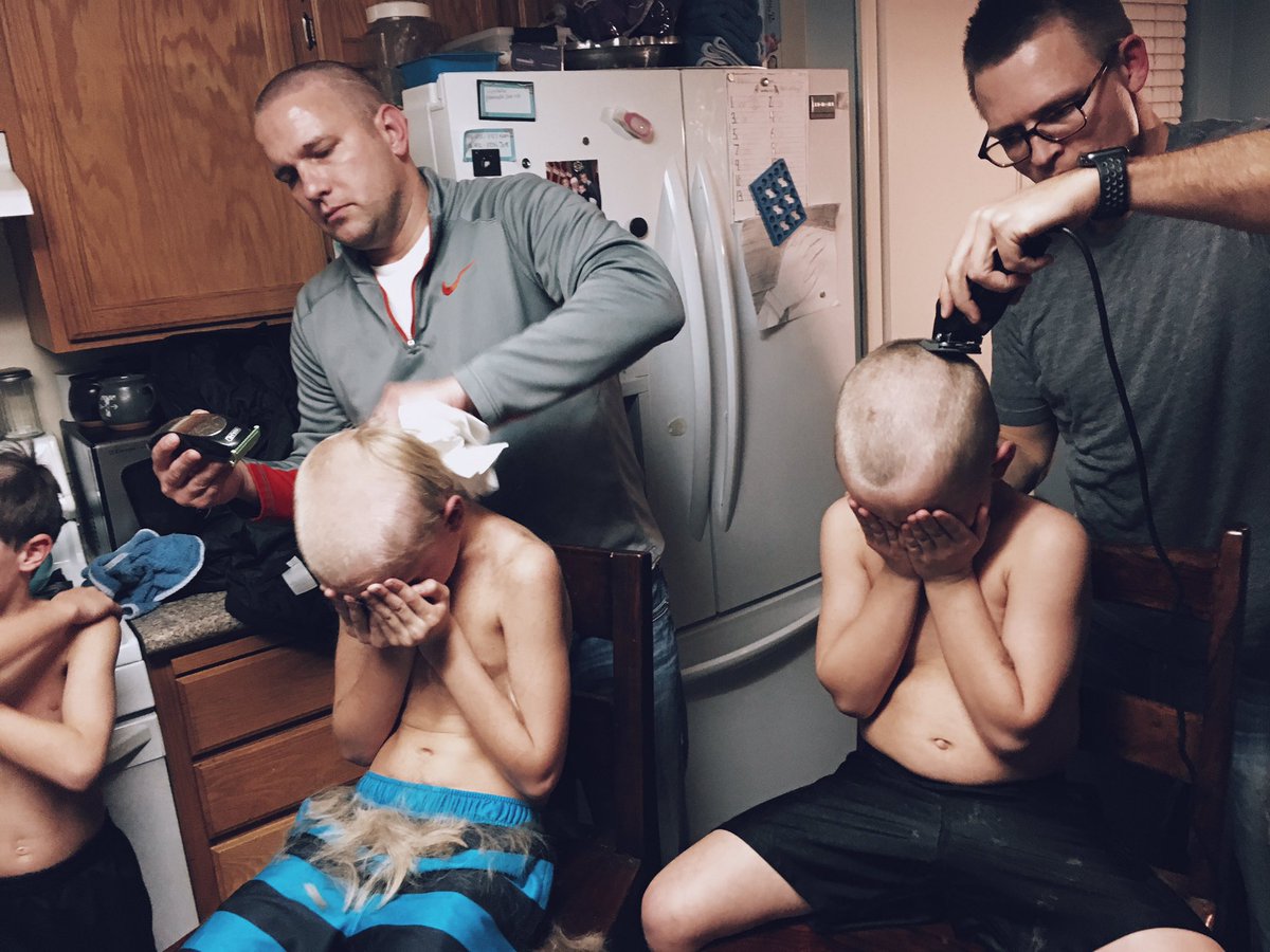 kambriatanner's tweet photo. Last night, cousins and friends of my little cousin Kutler shaved their heads to support him as he starts his first round of chemo this week https://t.co/IUYvG6VTdJ