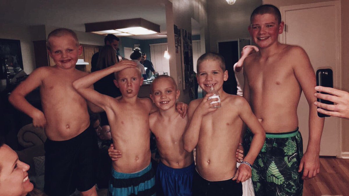 kambriatanner's tweet photo. Last night, cousins and friends of my little cousin Kutler shaved their heads to support him as he starts his first round of chemo this week https://t.co/IUYvG6VTdJ