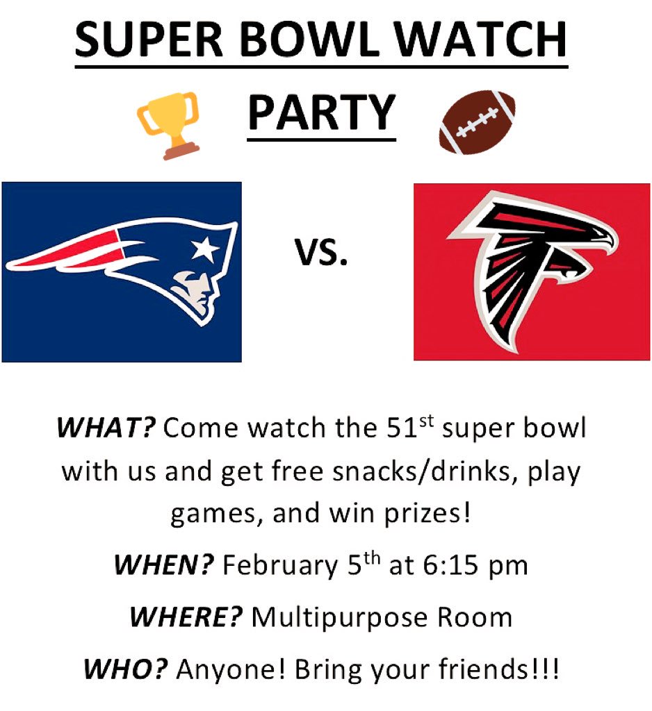 PROGRAM ALERT! 

Head to the MPR for prizes, food &amp; the Super Bowl! 

THIS SUNDAY @ 6:15p ‼️