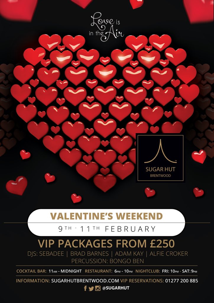 sugarhut's tweet photo. Love will be in the air Valentines weekend @sugarhut ... Will you be partying with you Date or Mate?? #dateormate #sugarhut #brentwood https://t.co/5MNpwG6idK