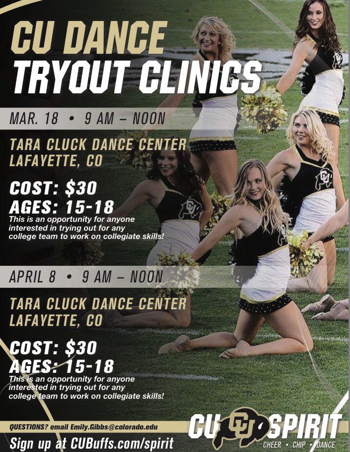 Wanting to tryout for the Colorado Dance Team? Come join us at our tryout clinics to see what we are about! We hope to CU there!