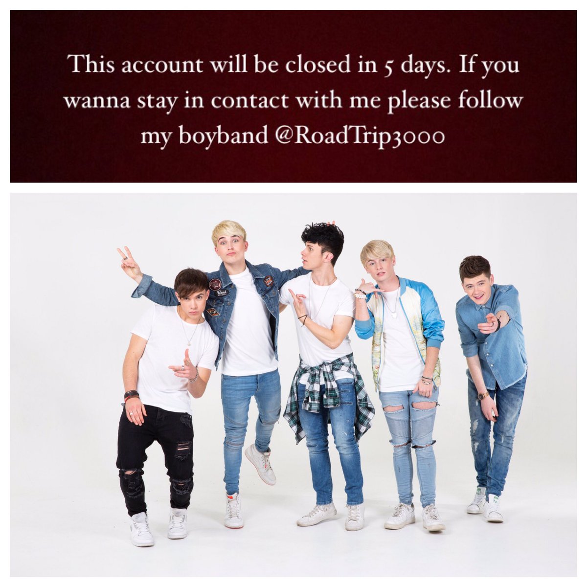 ThePopHitsTour's tweet photo. Shut down In 5 days if you wanna chat to me follow my boyband @RoadTrip3000 💯 https://t.co/S0aJe8bpYc