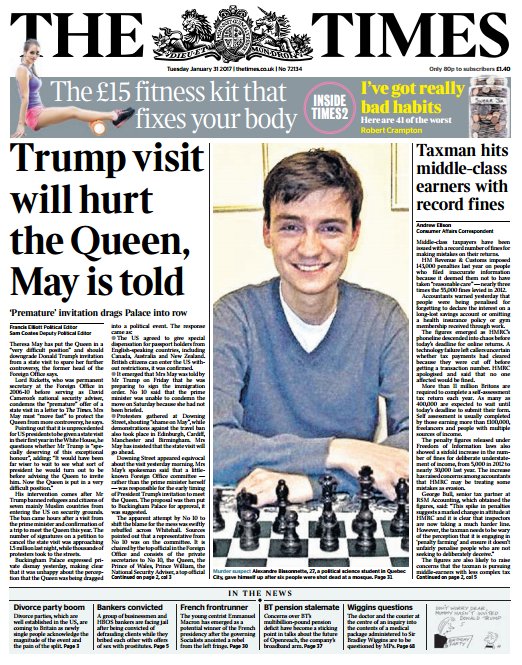 SkyNews's tweet image. THE TIMES FRONT PAGE: "Trump visit will hurt the Queen, May is told" #skypapers
