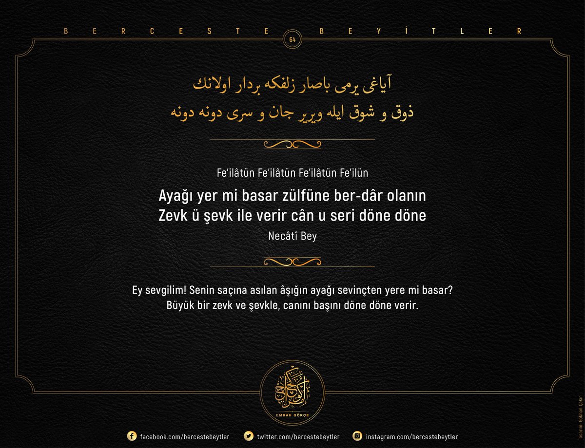 Berceste beyitler - 64

Ayağı yer mi basar zülfüne ber-dâr olanın
Zevk ü şevk ile verir cân u seri döne döne 
(Necâtî Bey)