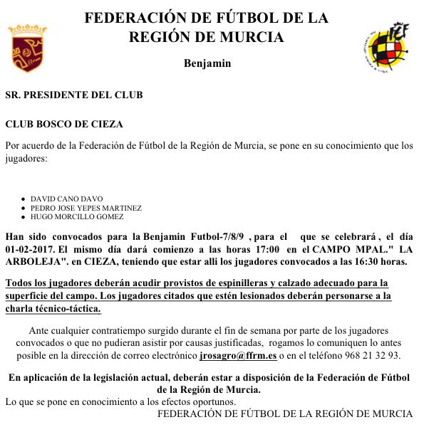 BoscodeCieza's tweet photo. Convocatoria de la FFRM  para entrenamientos este miércoles donde jugadores de nuestro @BoscodeCieza estarán presentes. https://t.co/UcVzZmrMUh
