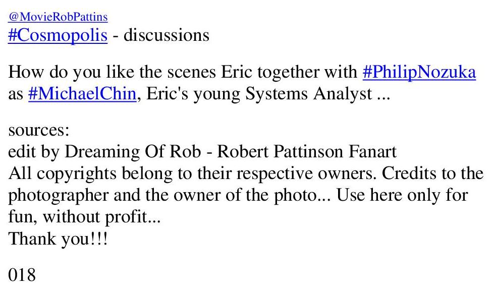 MovieRobPattins's tweet photo. #Cosmopolis discussion #RobertPattinson
How do u like the scenes Eric 2gether w/ #PhilipNozuka as #MichaelChin,Eric's young Systems Analyst? https://t.co/e6QRpoM7YK
