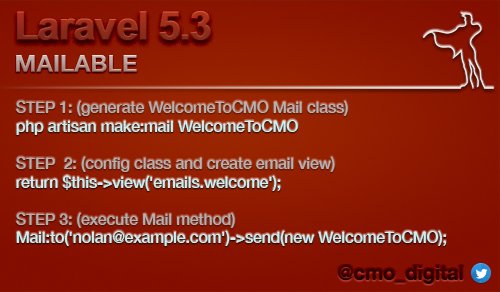 cmo_solution's tweet image. #laravel53 mailable - I absolutely love the new clean mailable in #laravel 5.3. So much cleaner.