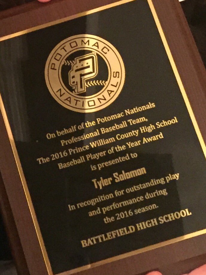 GoBHSBaseball's tweet photo. Big S/O #20 Sr. C Tyler Solomon (Vanderbilt commit) earning best player 2016 in PWC by Potomac Nationals. Great accomplishment, https://t.co/l4Z58HKUVx
