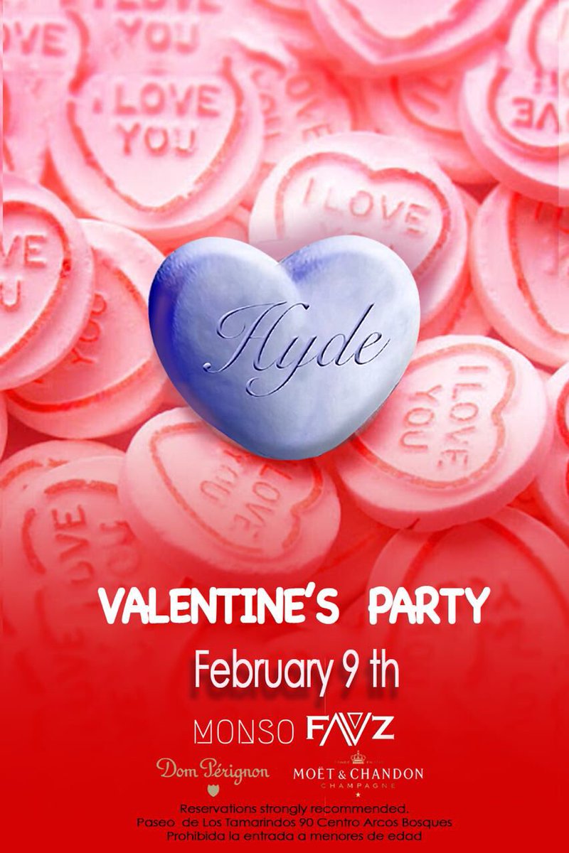 hydemexico's tweet photo. VALENTINE'S PARTY 💗💙💜
February 9th | Featuring Music by FAVZ &amp; MONSO | Reservations strongly recommended | t. 5246 3580 #ArcosBosques https://t.co/J5AGNWOcs2