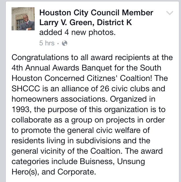 genelocke's tweet photo. Gene L. Locke was 1 of 4 recipients honored by the South Houston Concerned Citizens Coalition at its Annual Awards Banquet held recently. https://t.co/nv2zyztUB2