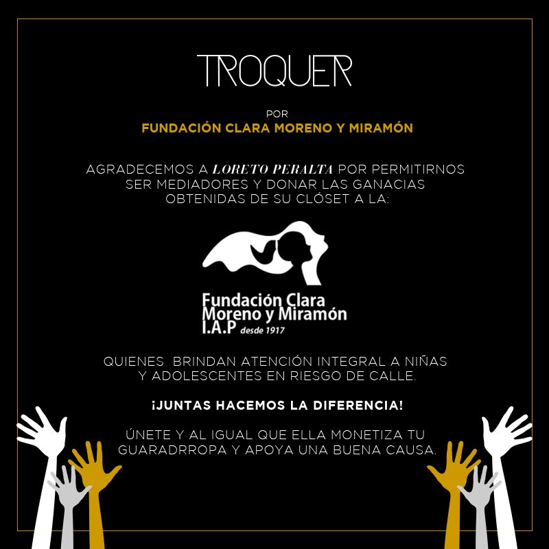 #DonacionesTroquer #TroquerPorLosDemas <a href="/FundacionClara/">FundaciónClaraMoreno</a> ¡Al igual que <a href="/loretoperalta1/">Loreto Peralta</a>, recuerda que #troqueando puedes ayudar a los demás!