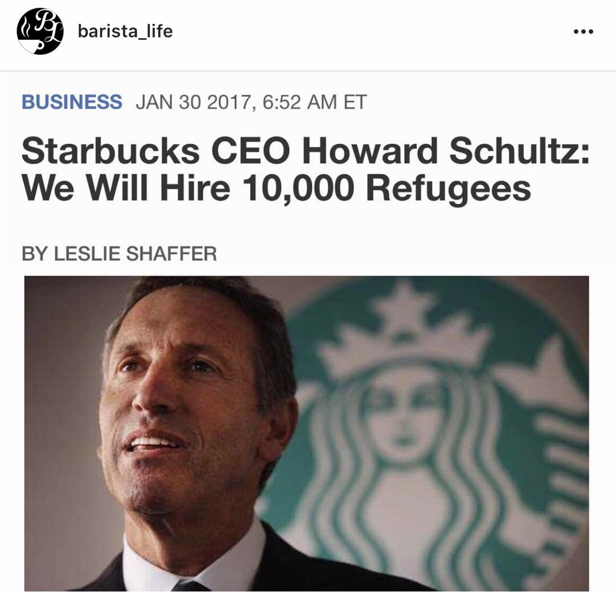 Barista_Life_'s tweet photo. #Starbucks CEO, Howard Schultz: "We will hire 10,000 refugees" #BaristaLife https://t.co/1z7wIA3Gsk
