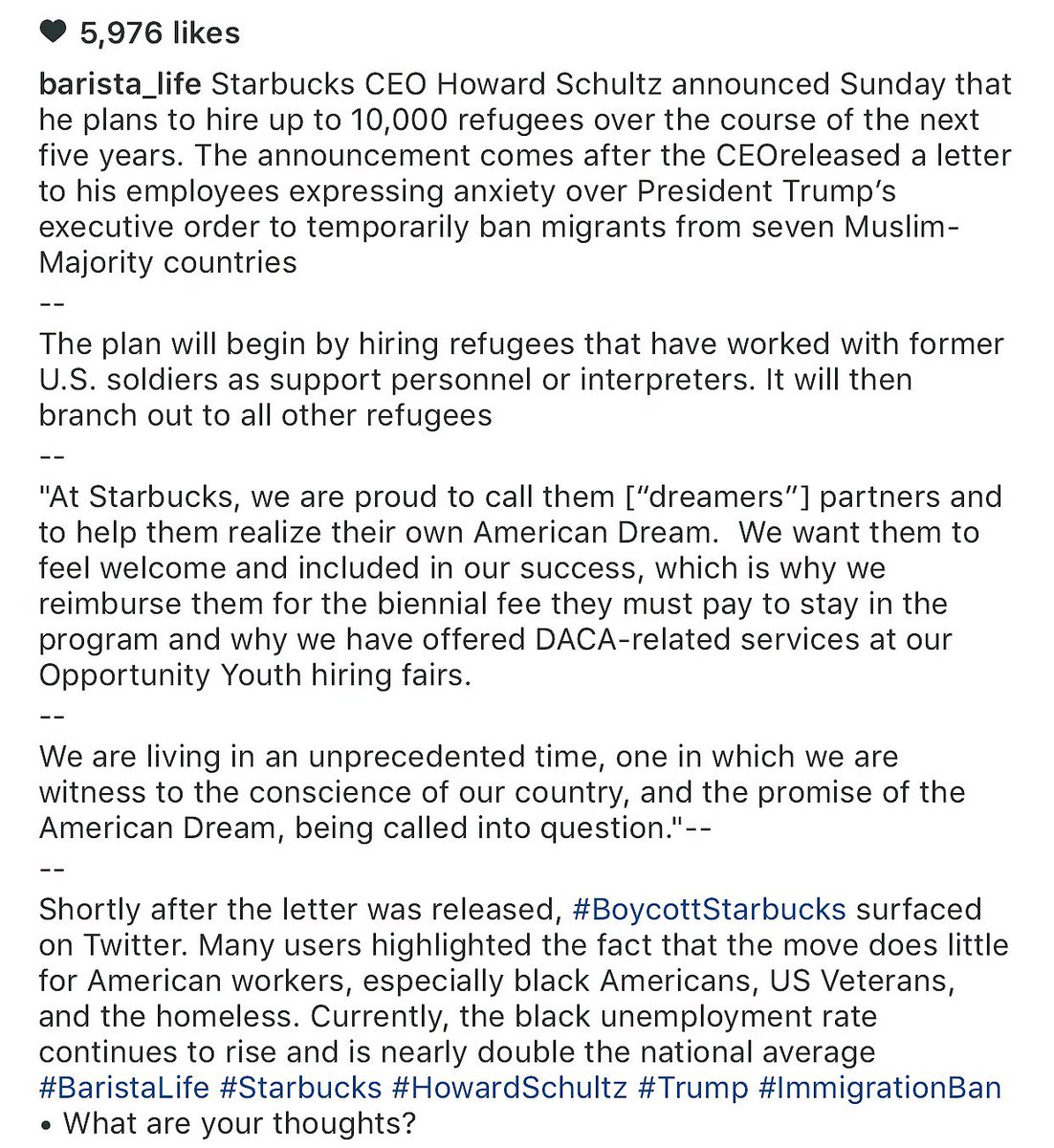 Barista_Life_'s tweet photo. #Starbucks CEO, Howard Schultz: "We will hire 10,000 refugees" #BaristaLife https://t.co/1z7wIA3Gsk