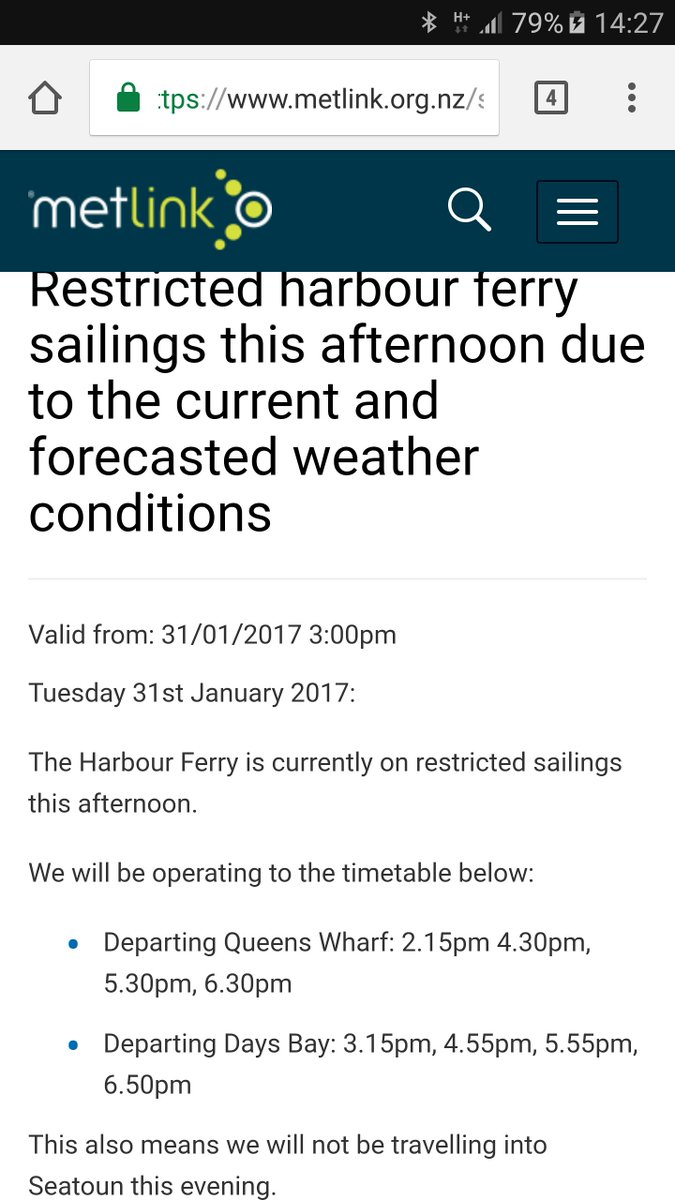 FERRY UPDATE Restricted sailings again today due to weather, and no Seatoun stops. 2:15, 4:30, 5:30 and 6:30 from Queens Wharf