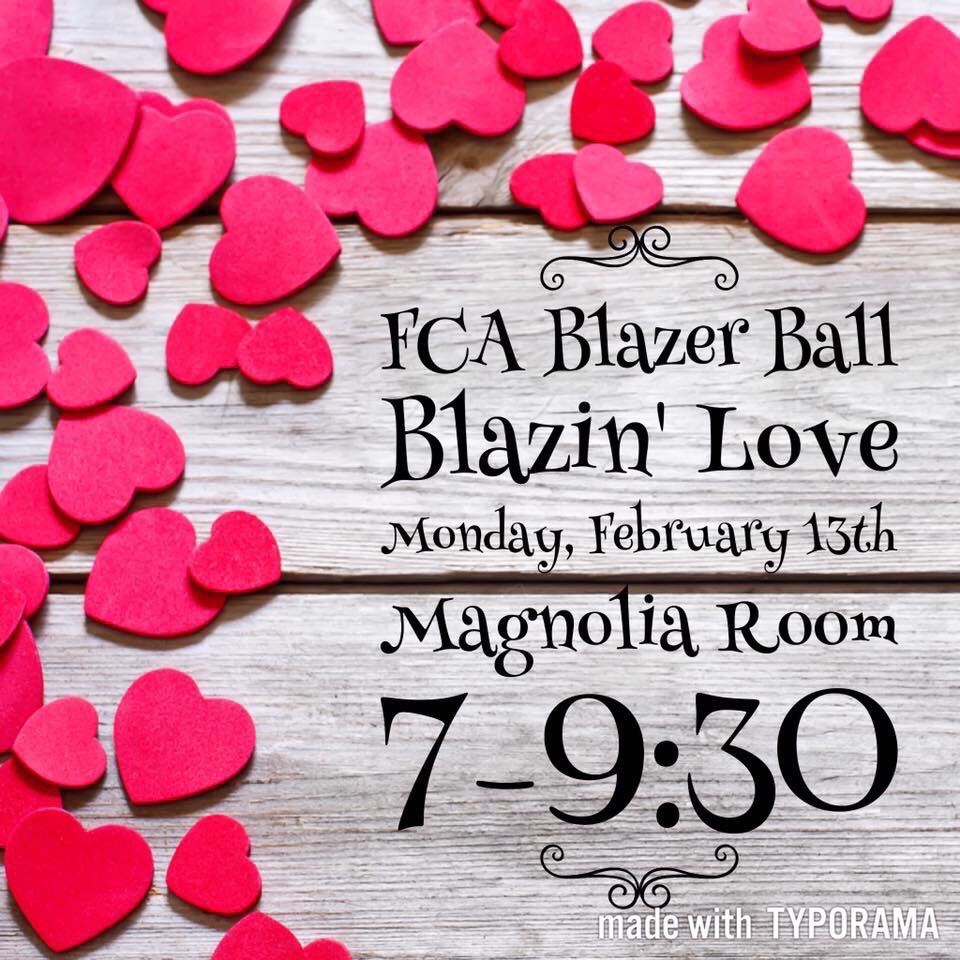 Don't forget to come by the FCA house to grab your tickets for the 3rd Annual FCA Blazer Ball!! Only $5 for good food and lots of fun 💃🏻