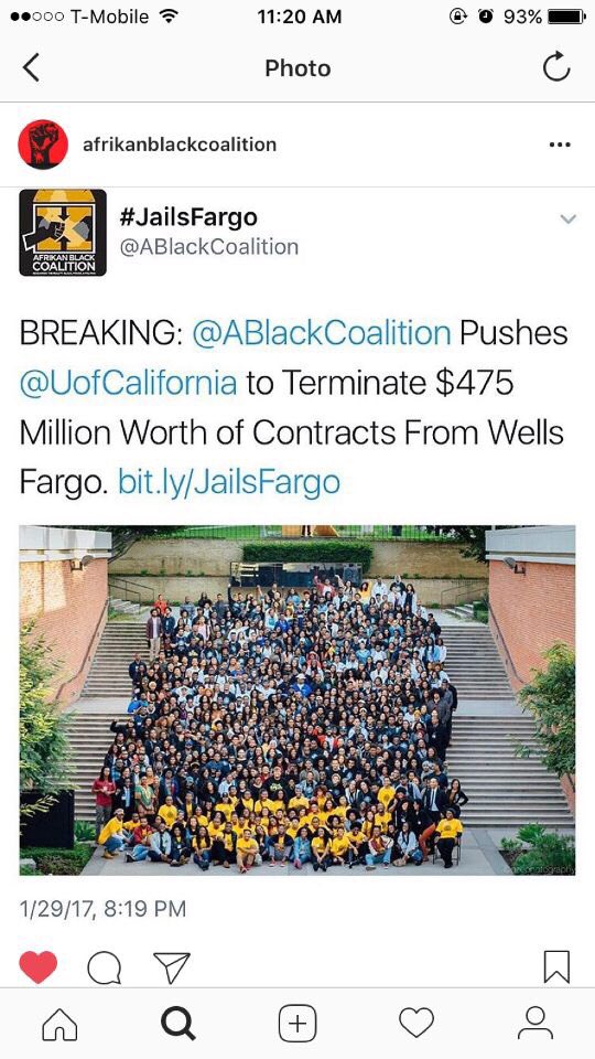CSULABSU's tweet photo. Congratulations to @ABlackCoalition for reducing the UC system's contribution to Incarcerating &amp; Gentrifying Africans through WellsFargo https://t.co/gBmm19AGXc