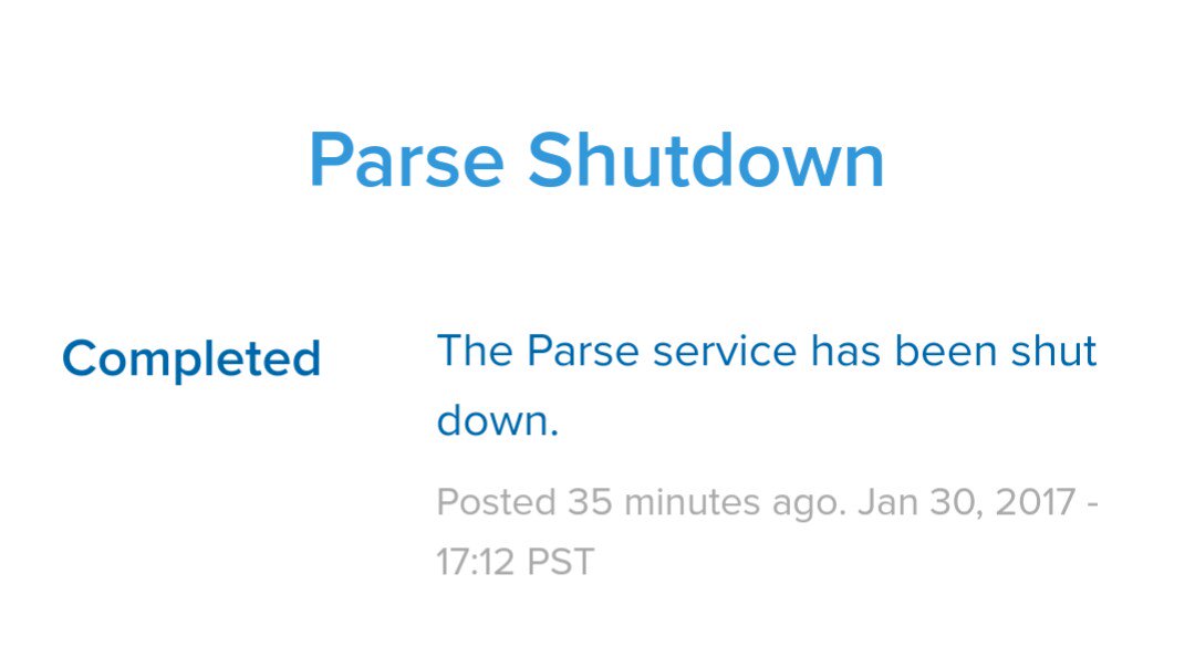 iamyorchdev's tweet image. #parseshutdown I&apos;m sad...sad.
Good bye @ParseIt :(
Hello #ParseServer :)