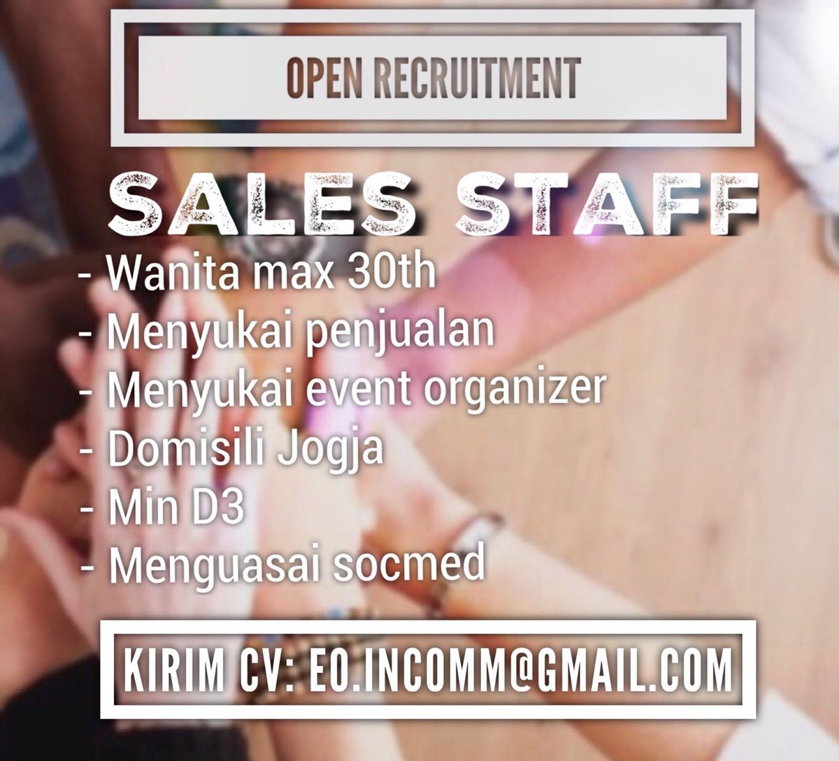 INCOMM_event (@incomm_event) on Twitter photo Sales staff EO | wanita | max 30th | D3 | domisili Yk | fulltime | socmed addict
#lowkerjogja <a href="/jogja_lowker/">Jogja Lowker</a> Sales staff EO | wanita | max 30th | D3 | domisili Yk | fulltime | socmed addict
#lowkerjogja <a href="/jogja_lowker/">Jogja Lowker</a>