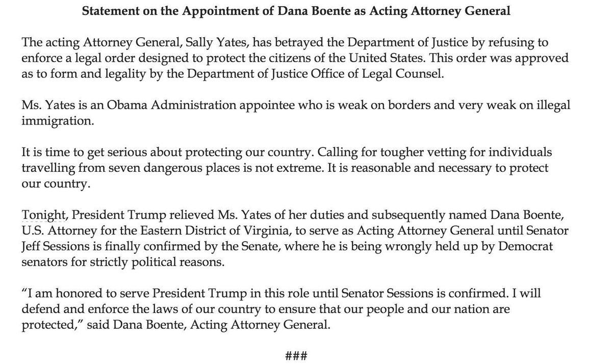 BREAKING: President Trump fires acting Attorney General Sally Yates for refusal to enforce 'extreme vetting' executive order. #MuslimBan.
