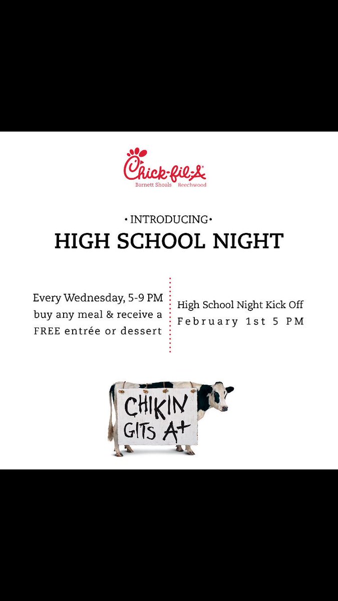 ansley_hale's tweet photo. Come to Cfa Barnett shoals for high school night! 5-9 every Wednesday if you buy a meal you get a free entree or dessert https://t.co/MXWy5797px