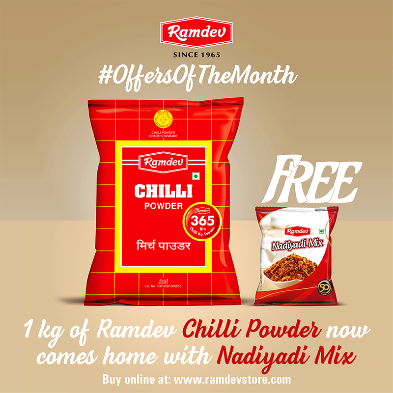 Ramdev_Food's tweet photo. #OffersOfTheMonth Buy 1 Kg of #Ramdev #ChilliPowder & get a pack of #NadiyadiMix absolutely #Free! #OrderOnline at https://t.co/uwwte2ssVR https://t.co/soz6KrKObU