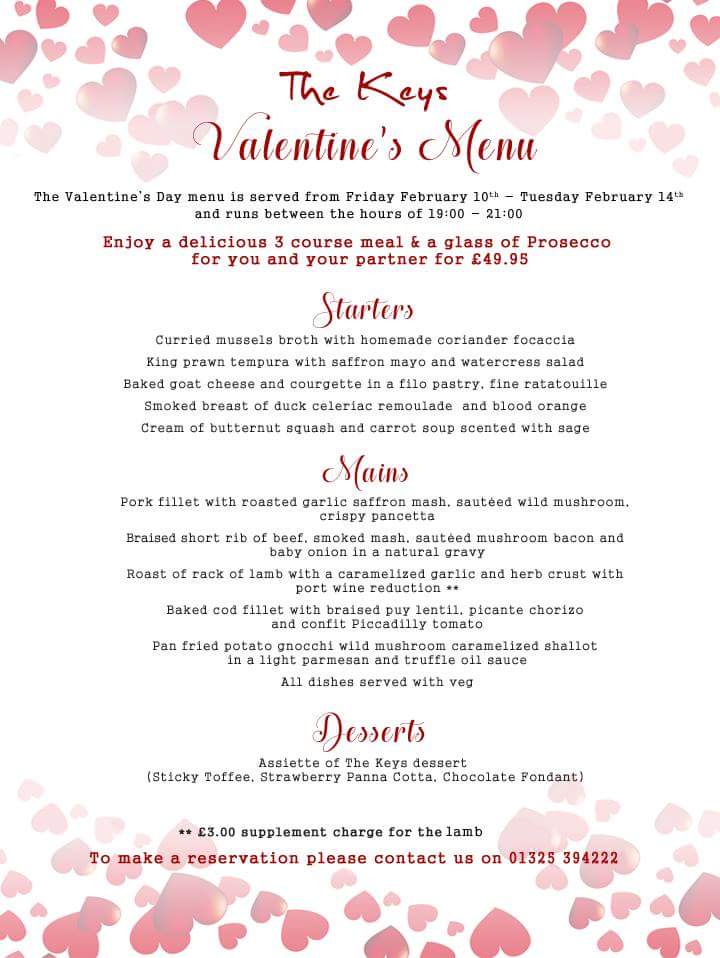 Fancy treating your loved one on Valentines Day? Take a look at our menu available from 10th Feb. Book now on 01325 394222