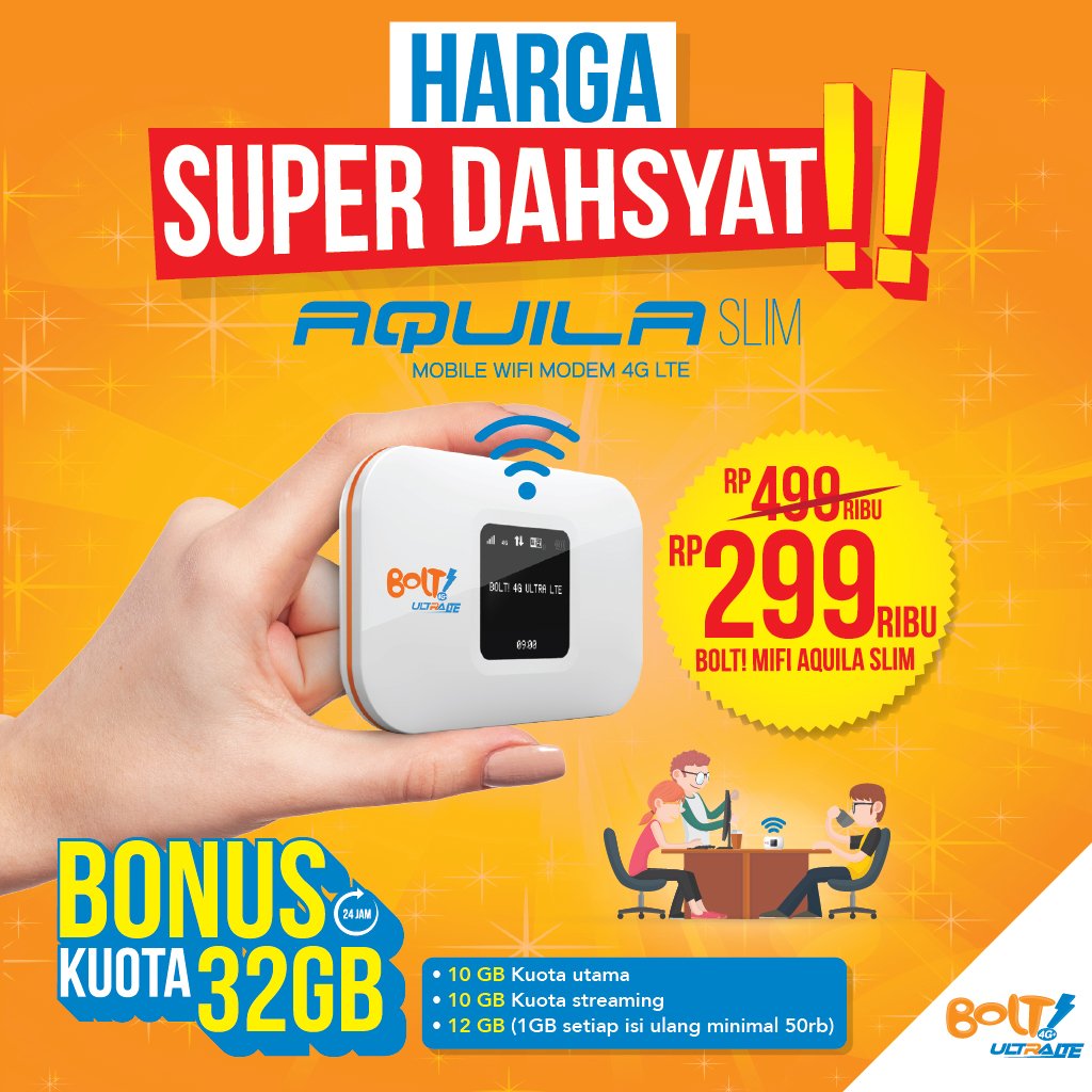 BOLTClub's tweet photo. Beli Mifi Aquilla Slim sekarang dapat bonus kuota sampai 32 GB BOLT!ers, yuk buruan beli persediaan terbatas! #UltraPromo #BOLT4G https://t.co/lEDg7CGZsa
