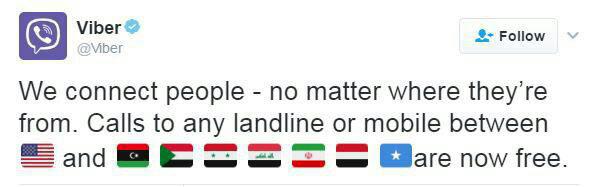 Iranapps's tweet photo. وايبر در اعتراض به تصمیم ترامپ، تماس بین آمریکا با ایران، عراق، سوریه، سومالی، یمن، لیبی و سودان را رایگان کرد
#VisaBan 
#viber
#free https://t.co/lSTkWKfdXb