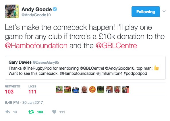 Hambofoundation's tweet photo. .@AndyGoode10 Pledges To Play One More Match for a Donation to the @GBLCentre! 

https://t.co/cFpQITilqC #GetBusyLiving https://t.co/lGYgfttBOn