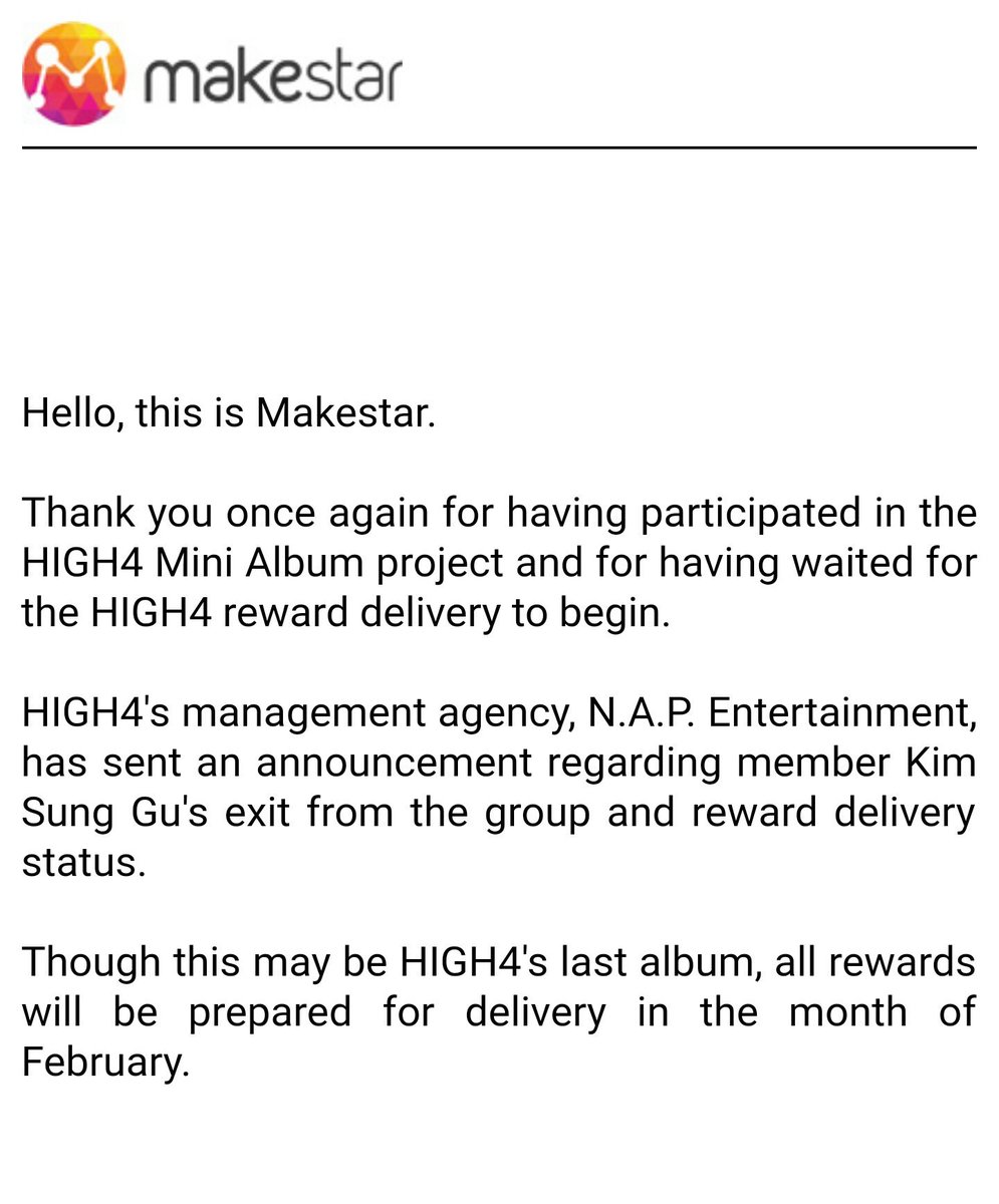 High4intl's tweet photo. Dear HIGH5s, we received some sad news... N.A.P ent. posted on the HIGH4 fancafe and I got an email from MakeStar with the translation 😢😢 https://t.co/FXP2ZNmxvA