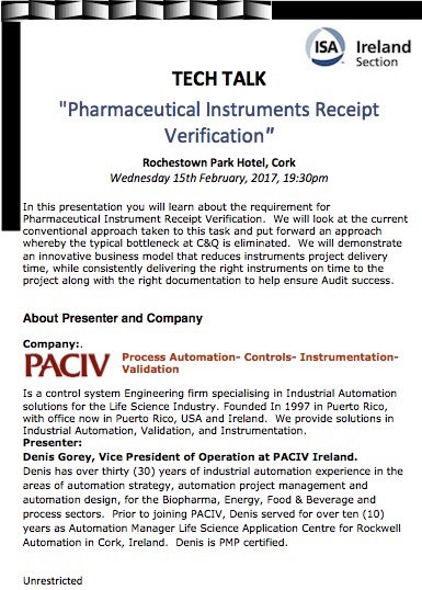 IrelandISA's tweet photo. Technical Talk: 'Pharma Instruments Receipt Verification!' 15 Feb 2017 19.30. #PAuto https://t.co/ctnhqQGmFb
