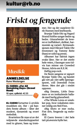 "El Cuero leverer på øverste hylle"! Romerikes Blad liker det nye albumet vårt og gir en 5'er!!