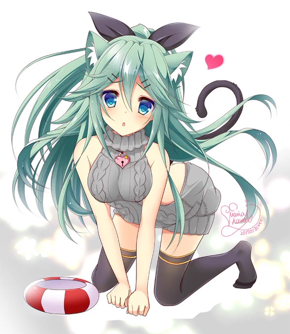 山風にゃん。例のセーターバージョンです。他にも差分を色々描いてみたのですが、思ったように着色できなかったのでこれ1枚で。なかなか可愛く仕上げられないですね…次頑張ります。ピクシブにもアップ致しました。 #pixiv  https://t.co/dwSrPcDWoA 