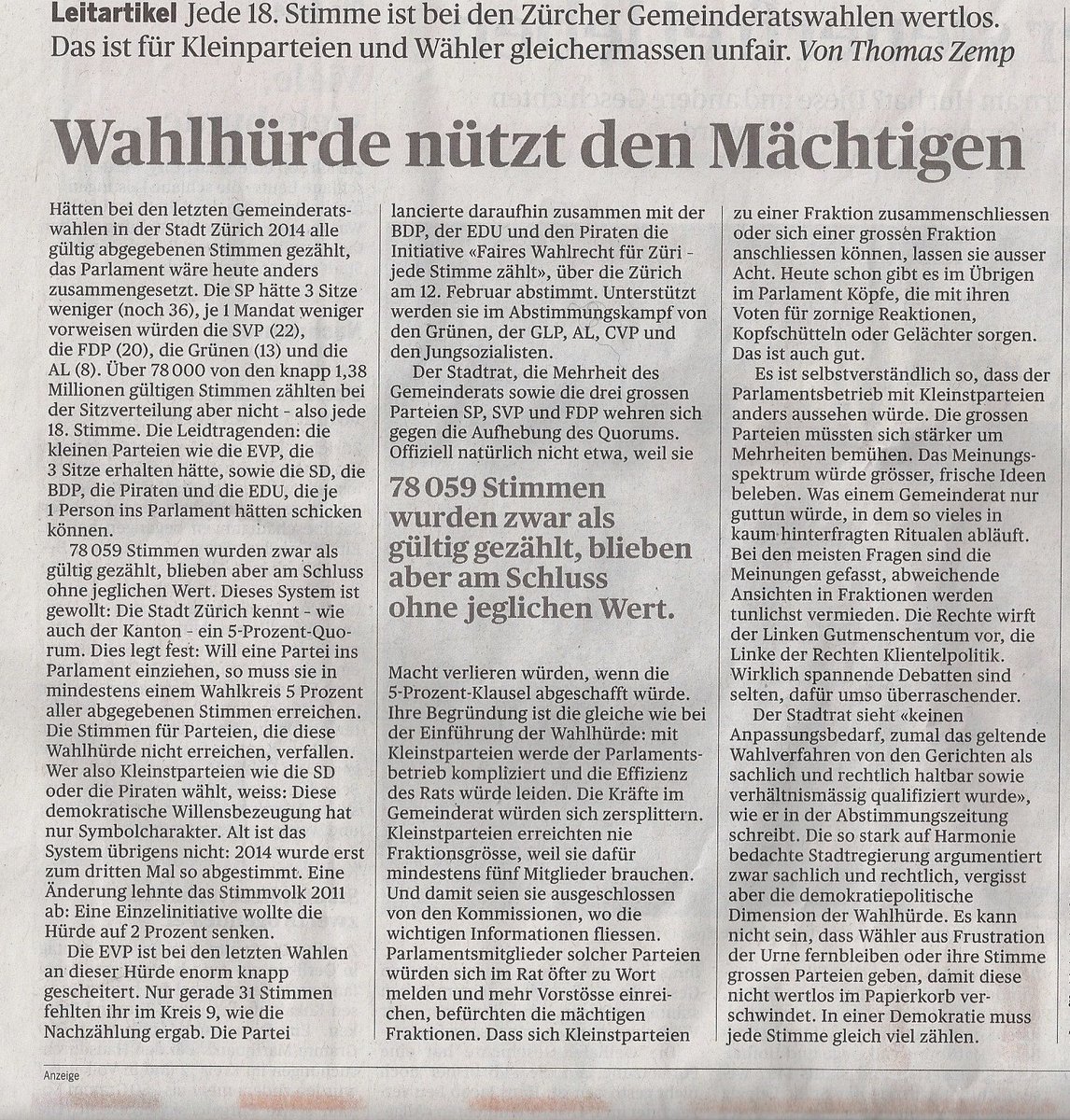 "In einer Demokratie muss jede Stimme gleich viel zählen." - Auch der <a href="/tagesanzeiger/">Tages-Anzeiger</a> empfiehlt ein JA am 12. Februar zu <a href="/fairewahlen/">Faires Wahlrecht</a>.