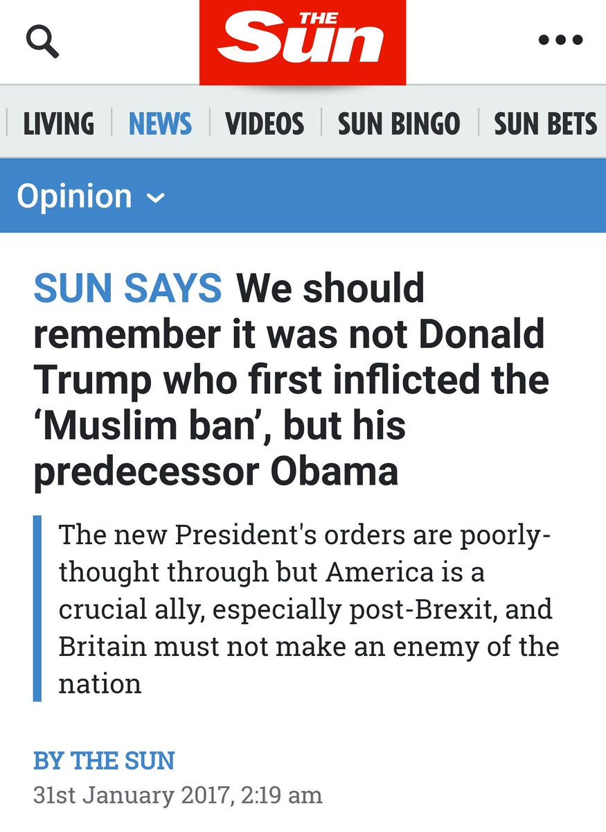 SunApology's tweet photo. Today's Sun editorial repeating the 
alt-right lie that Obama also brought in a Muslim ban. Here are the differences https://t.co/pIsNducCQp https://t.co/EcH70qvXxP