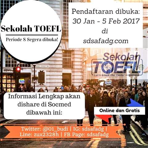 RS_Ruzi's tweet photo. Yukk merapat Sekolah TOEFL ! GRATIS DAN ONLINE bersama mentor kita kak @01_budi  di @SekolahToefl  smpe 5 feb 17 https://t.co/Wbdr1F0C8P